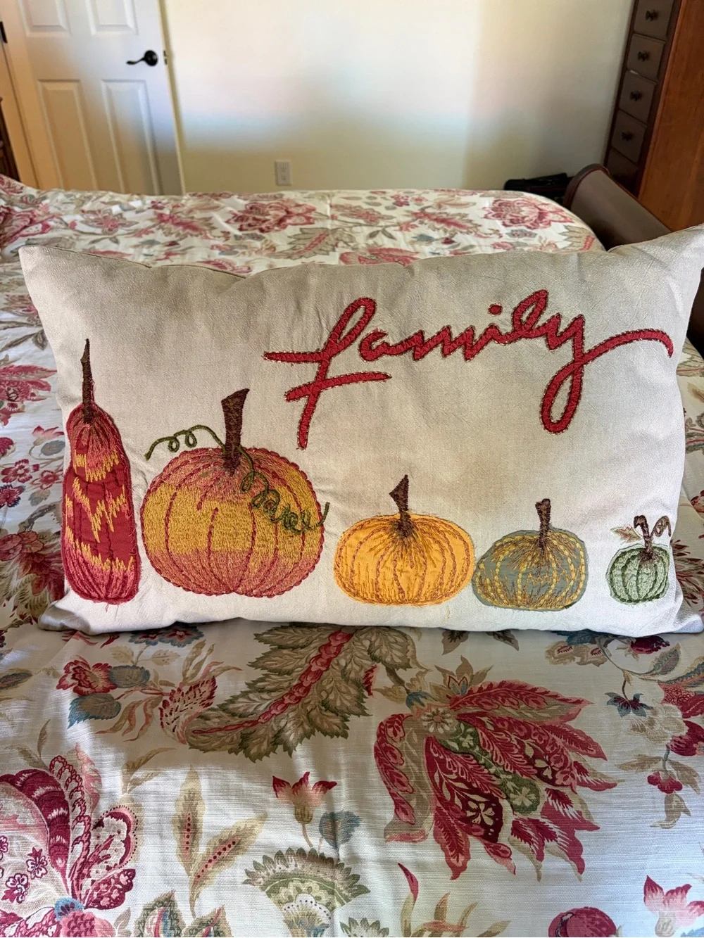 Family Embroidered Pumpkin Accent Pillow - Neutral with Orange and Green